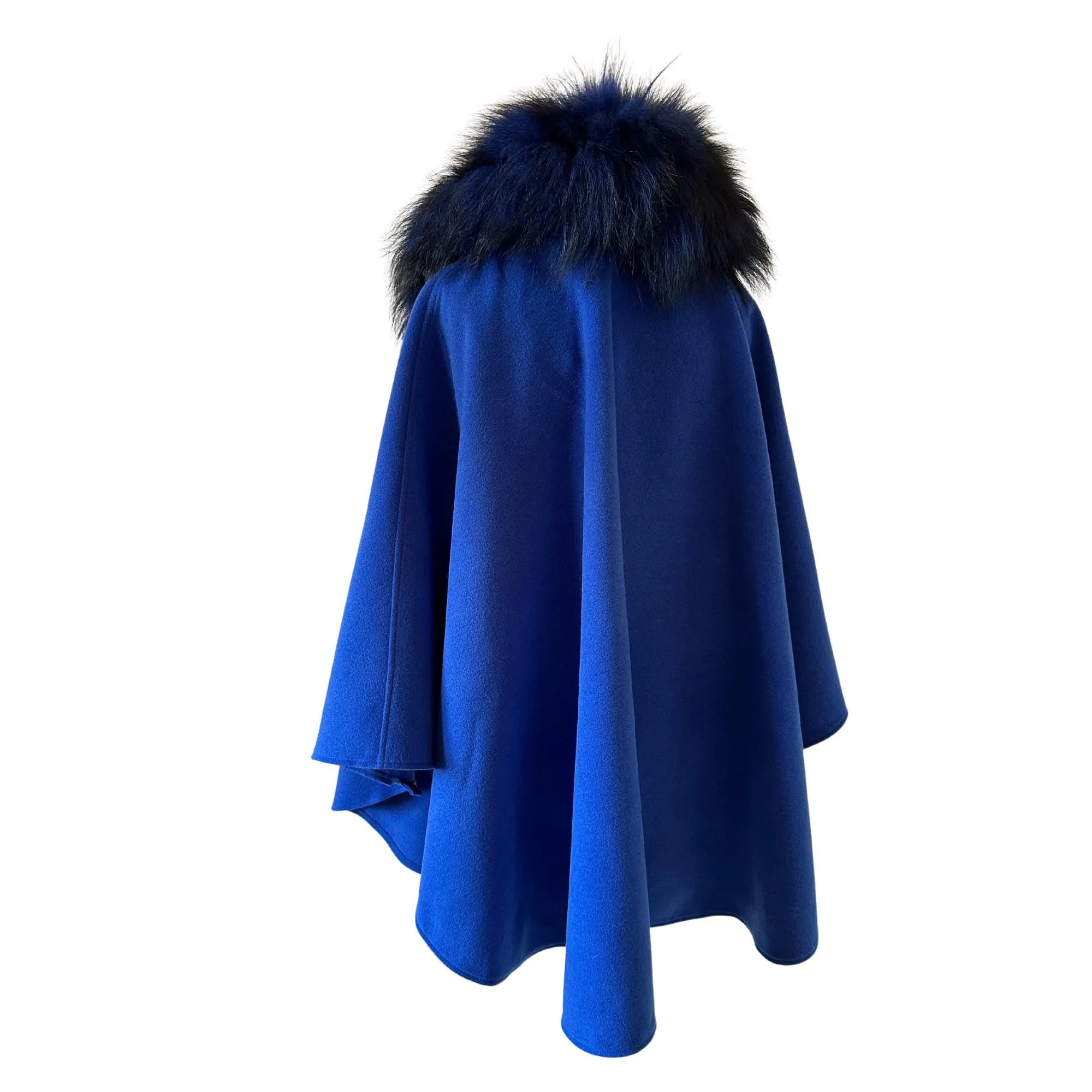 Royal Blue Classic Feminine Woolen blend Overcoat Cape Coat Detachable fox fur collar