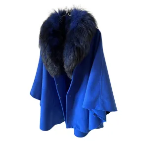 Royal Blue Classic Feminine Woolen blend Overcoat Cape Coat Detachable fox fur collar