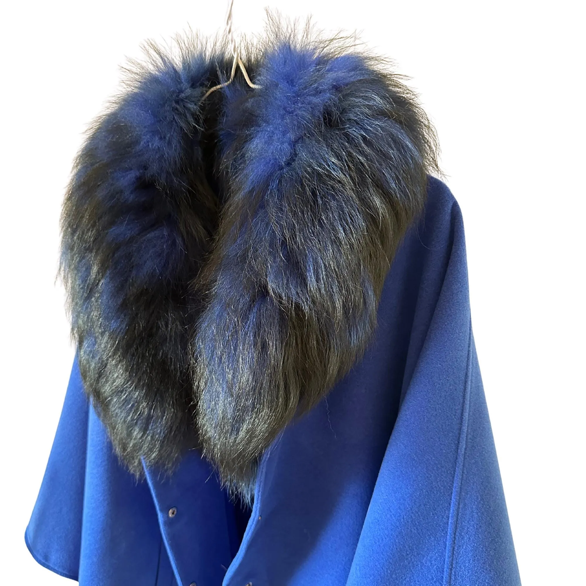 Royal Blue Classic Feminine Woolen blend Overcoat Cape Coat Detachable fox fur collar
