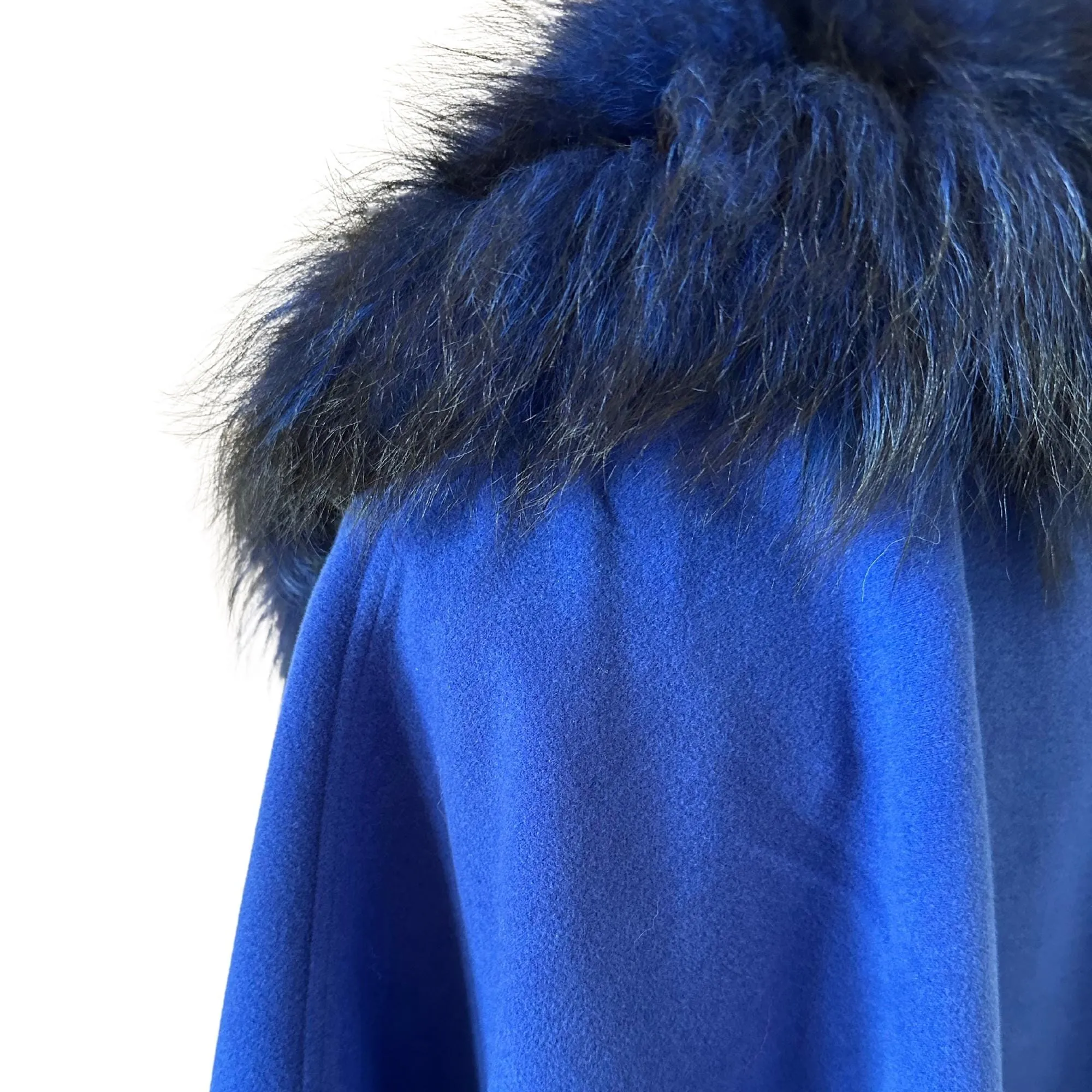 Royal Blue Classic Feminine Woolen blend Overcoat Cape Coat Detachable fox fur collar