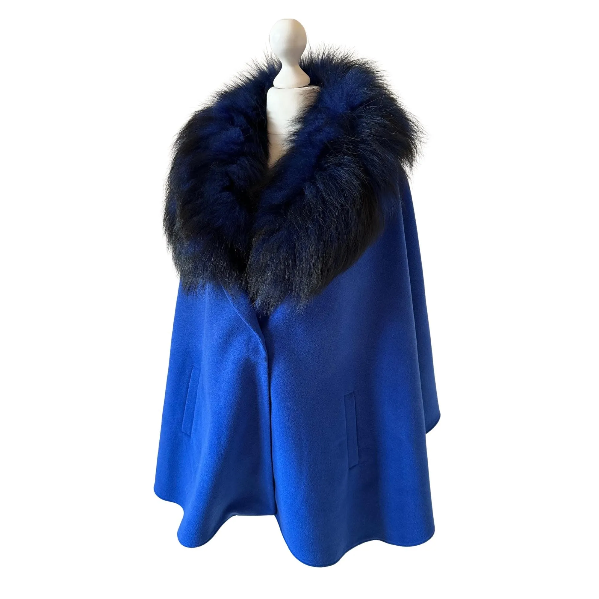 Royal Blue Classic Feminine Woolen blend Overcoat Cape Coat Detachable fox fur collar