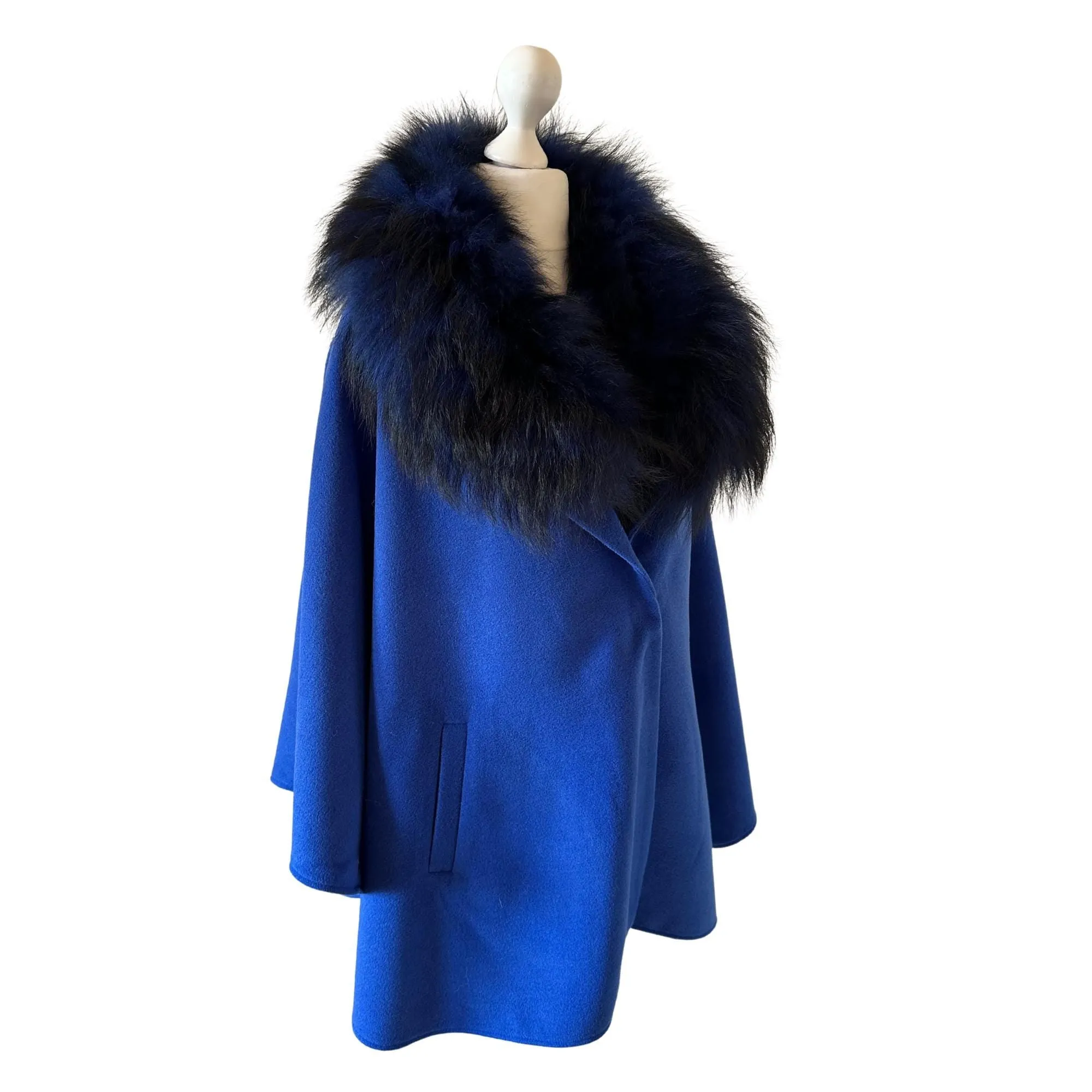 Royal Blue Classic Feminine Woolen blend Overcoat Cape Coat Detachable fox fur collar