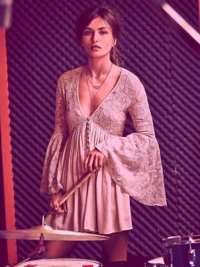 SALE 50% OFF Blush Bell Sleeve Dress Pink Lace Top "With Love" Boho Mini Button Up Feminine Flare Empire Waist Hippie Dress Sizes Small Medium Or Large Available