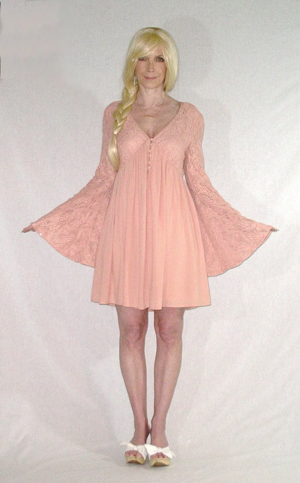 SALE 50% OFF Blush Bell Sleeve Dress Pink Lace Top "With Love" Boho Mini Button Up Feminine Flare Empire Waist Hippie Dress Sizes Small Medium Or Large Available