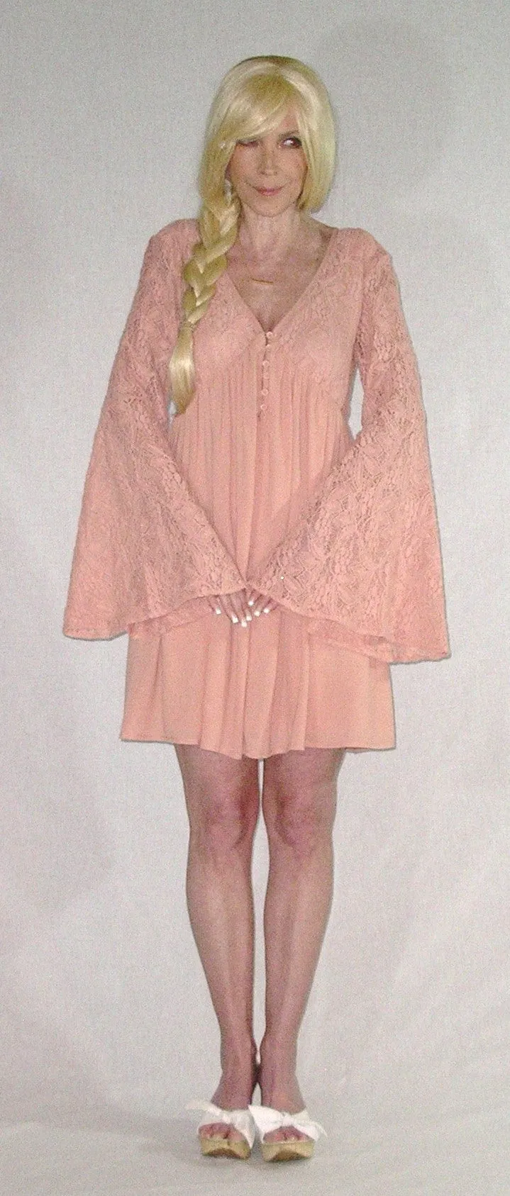 SALE 50% OFF Blush Bell Sleeve Dress Pink Lace Top "With Love" Boho Mini Button Up Feminine Flare Empire Waist Hippie Dress Sizes Small Medium Or Large Available