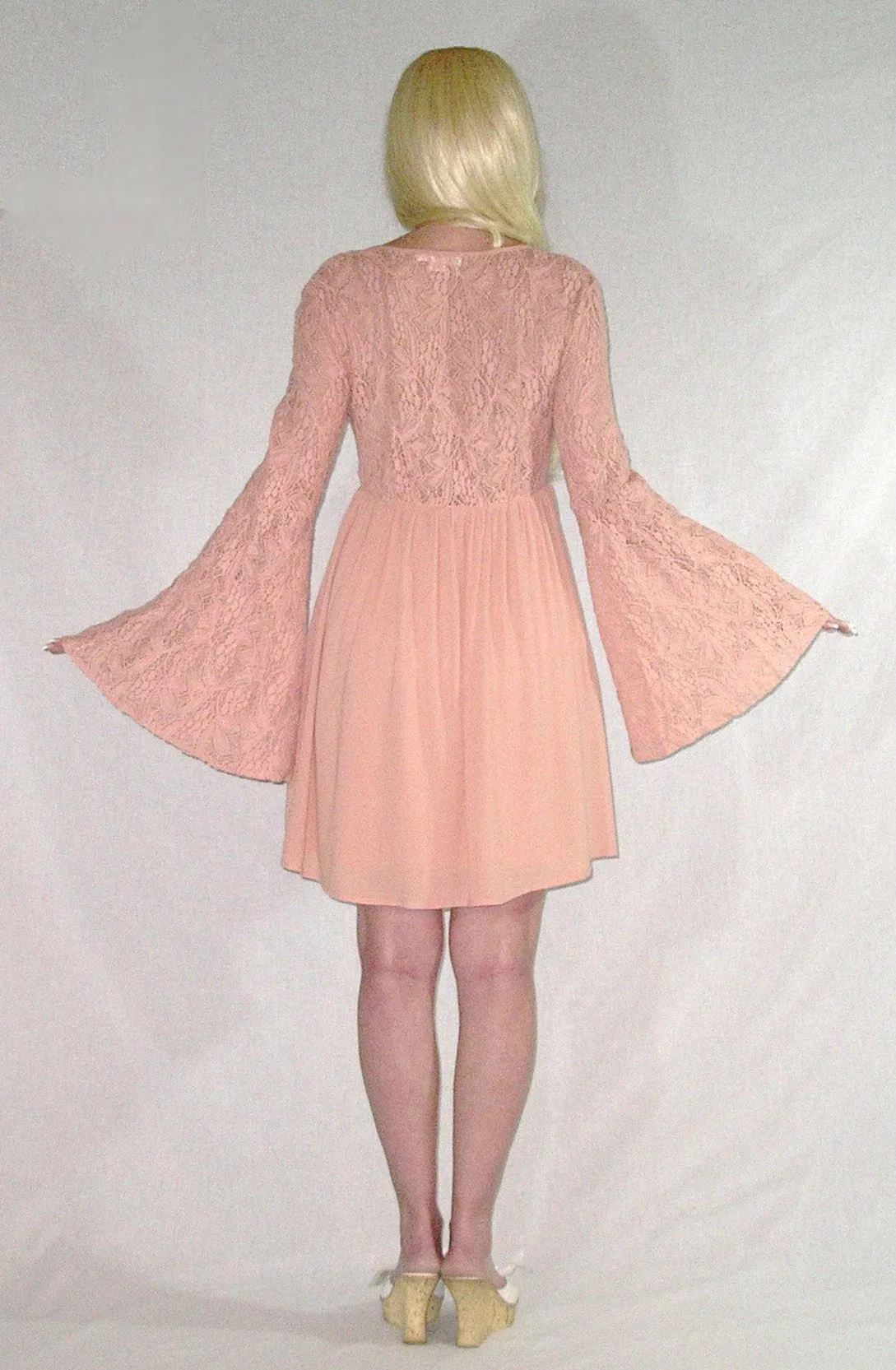 SALE 50% OFF Blush Bell Sleeve Dress Pink Lace Top "With Love" Boho Mini Button Up Feminine Flare Empire Waist Hippie Dress Sizes Small Medium Or Large Available