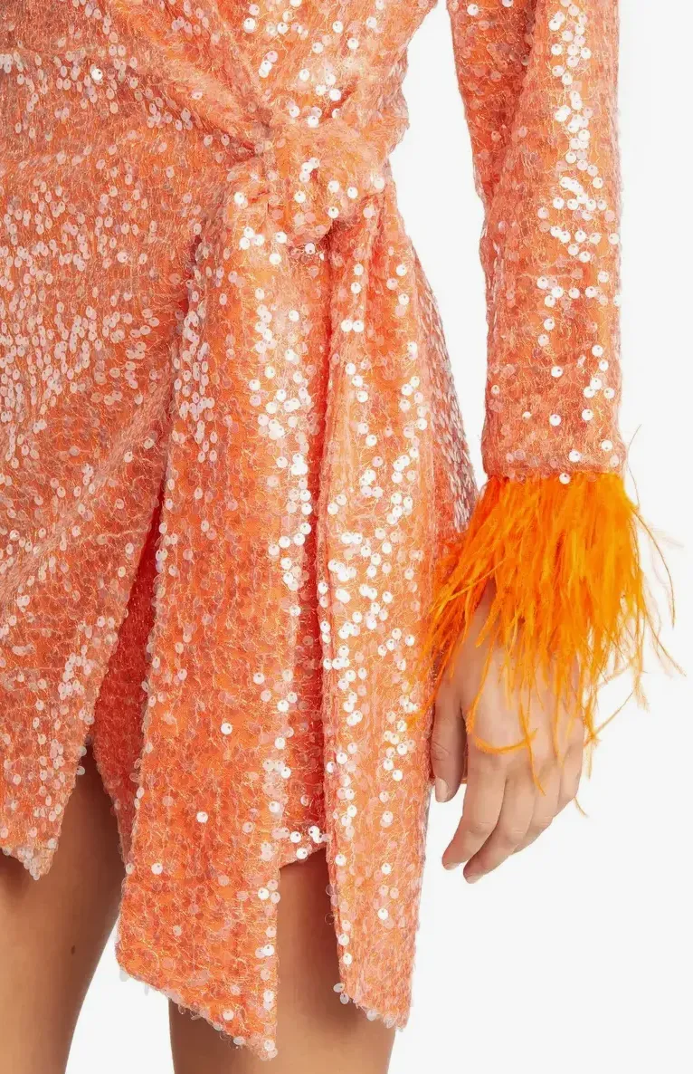Sequin & Feather Wrap Mini Dress