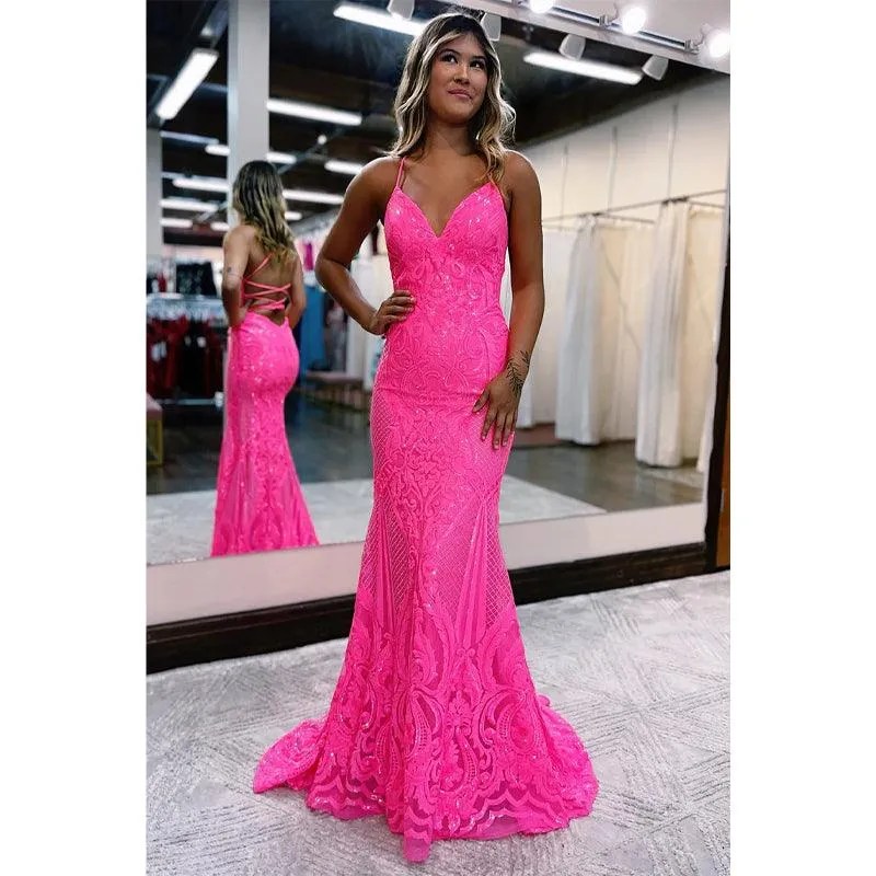 Sexy V-neck Sequins Appliques Mermaid Prom Dress Glitter