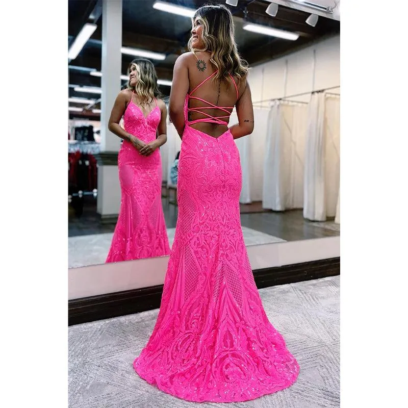 Sexy V-neck Sequins Appliques Mermaid Prom Dress Glitter