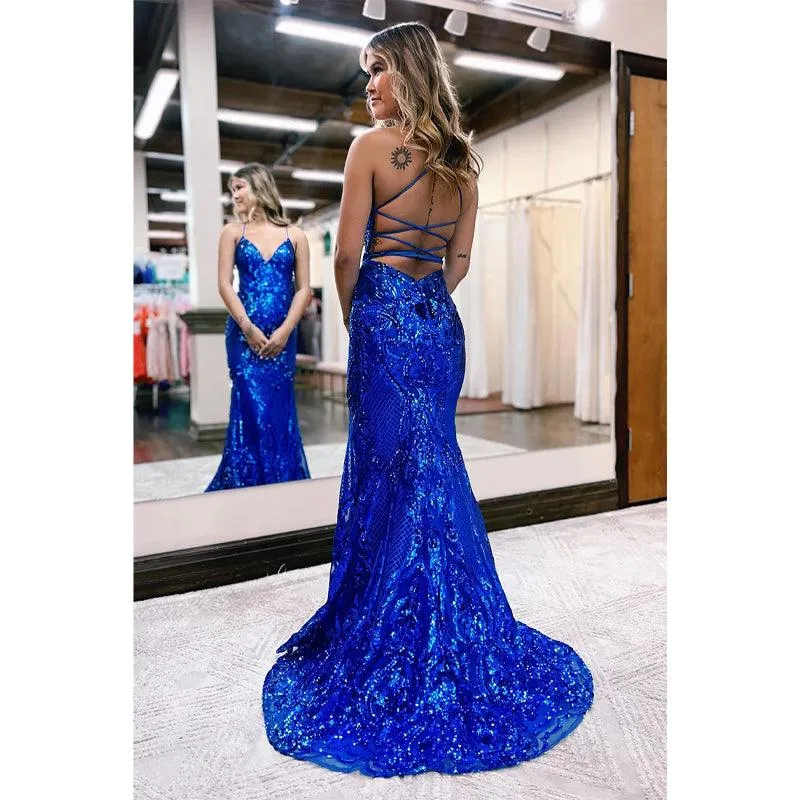 Sexy V-neck Sequins Appliques Mermaid Prom Dress Glitter