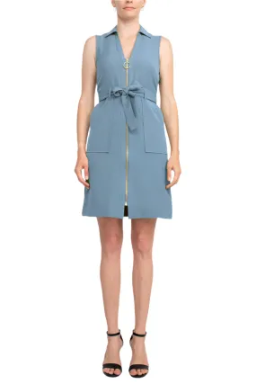Sharagano Collared Sleeveless Zipper Front Tie Waist Solid Rayon Dress