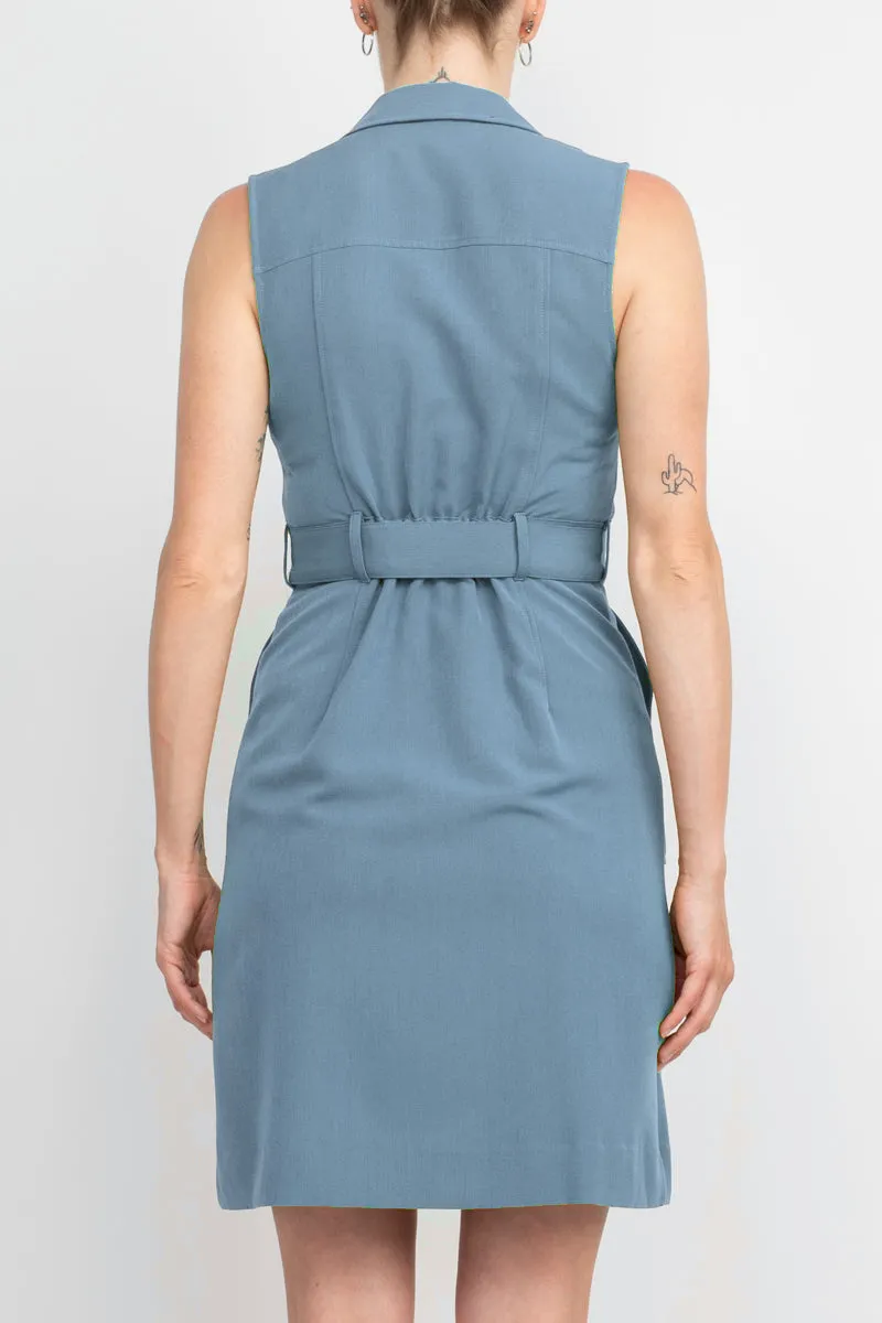 Sharagano Collared Sleeveless Zipper Front Tie Waist Solid Rayon Dress