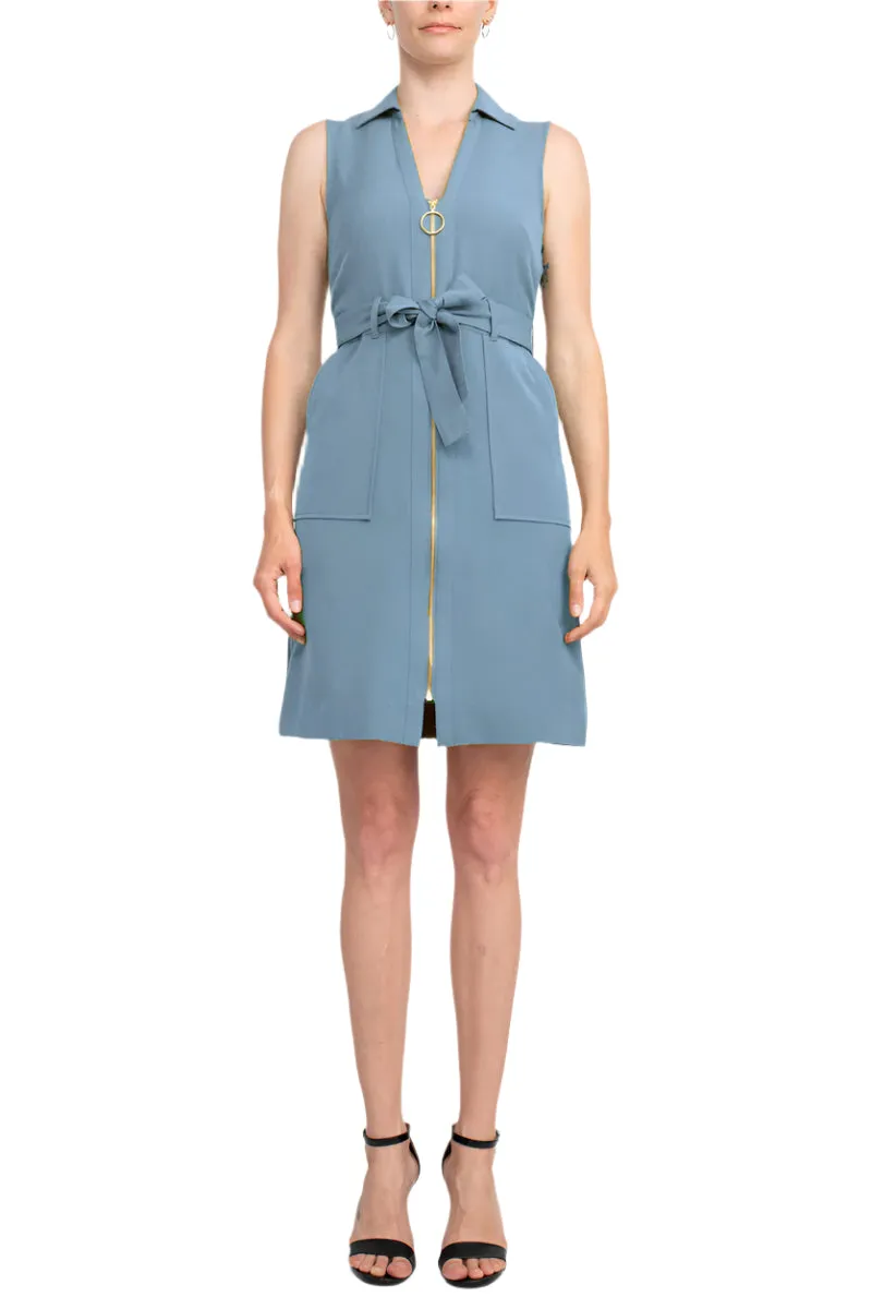 Sharagano Collared Sleeveless Zipper Front Tie Waist Solid Rayon Dress