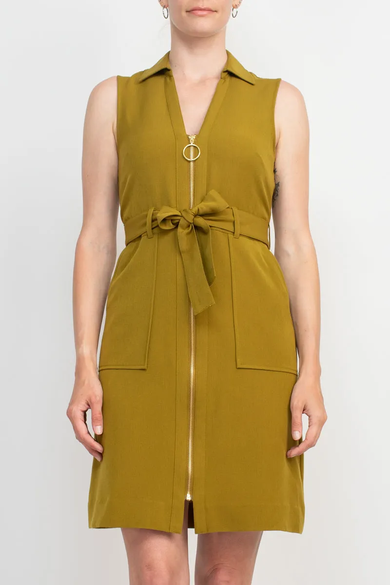 Sharagano Collared Sleeveless Zipper Front Tie Waist Solid Rayon Dress