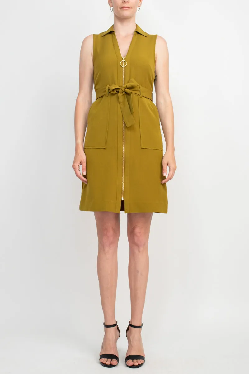 Sharagano Collared Sleeveless Zipper Front Tie Waist Solid Rayon Dress