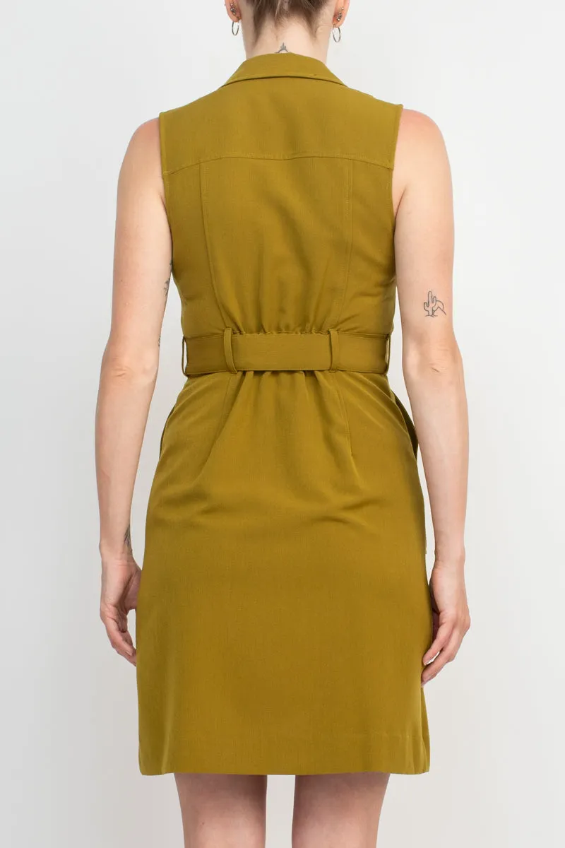 Sharagano Collared Sleeveless Zipper Front Tie Waist Solid Rayon Dress