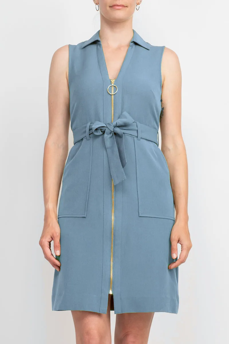 Sharagano Collared Sleeveless Zipper Front Tie Waist Solid Rayon Dress