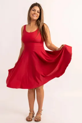 Silky Scoop Neck Comfort Crop Midi Dress W/ Pockets - Red