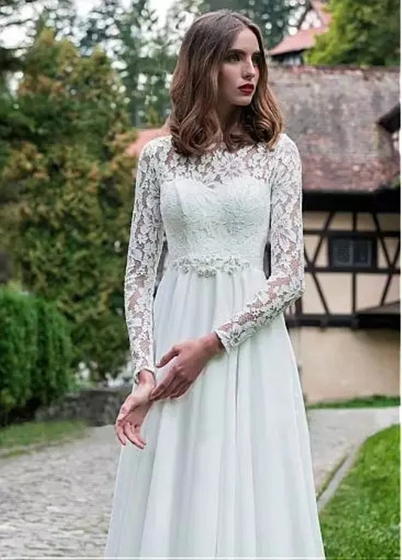 Simple Long Sleeve Lace Chiffon A Line Bridal Wedding Dresses