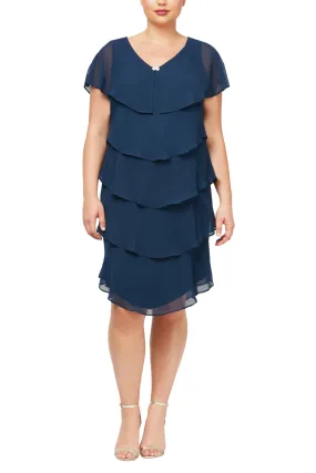 S.L. Fashions Short Sleeve Metallic Print Pebble Tier Chiffon Plus Size Dress