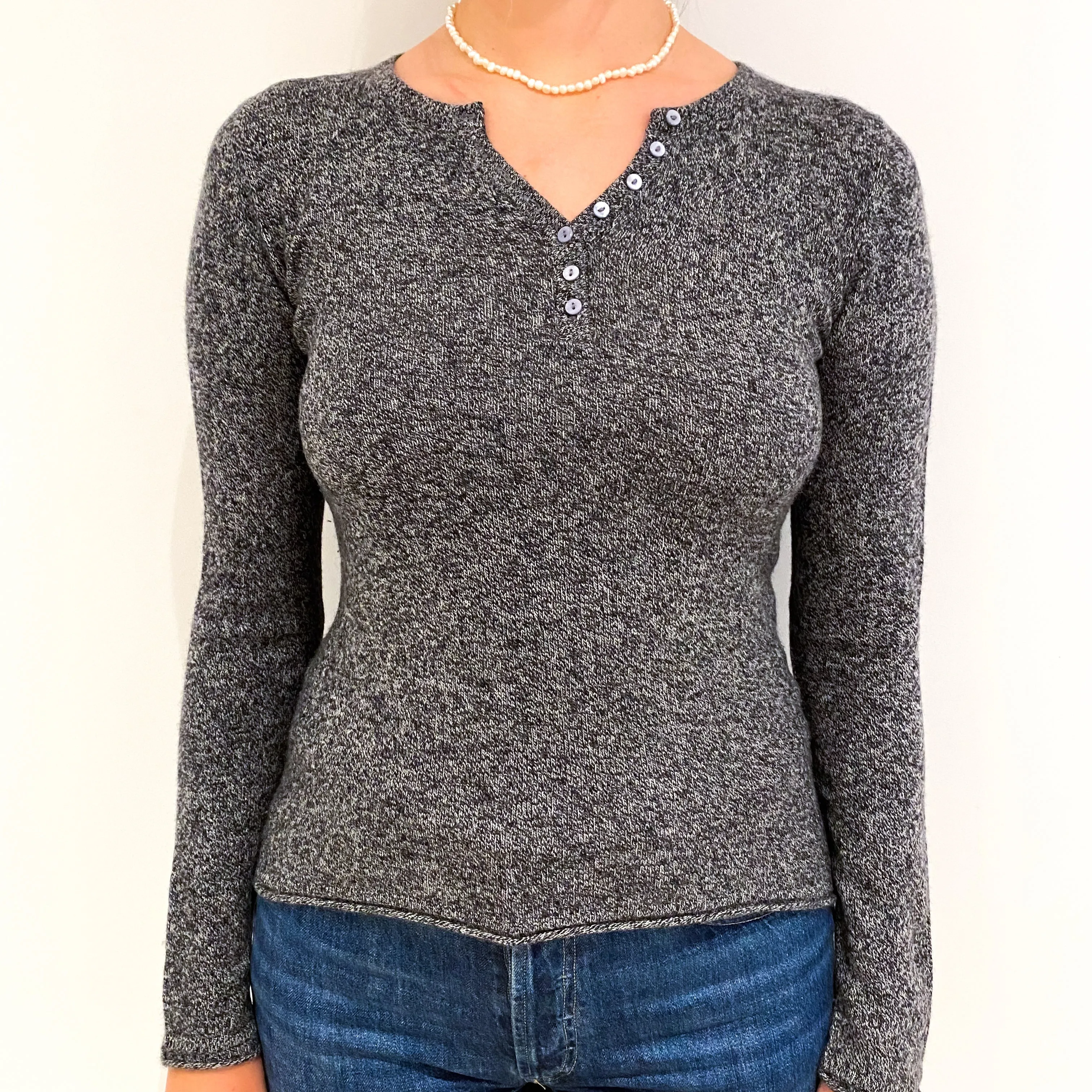 Slate Grey Marl Cashmere 1/4 Button V Neck Jumper Small