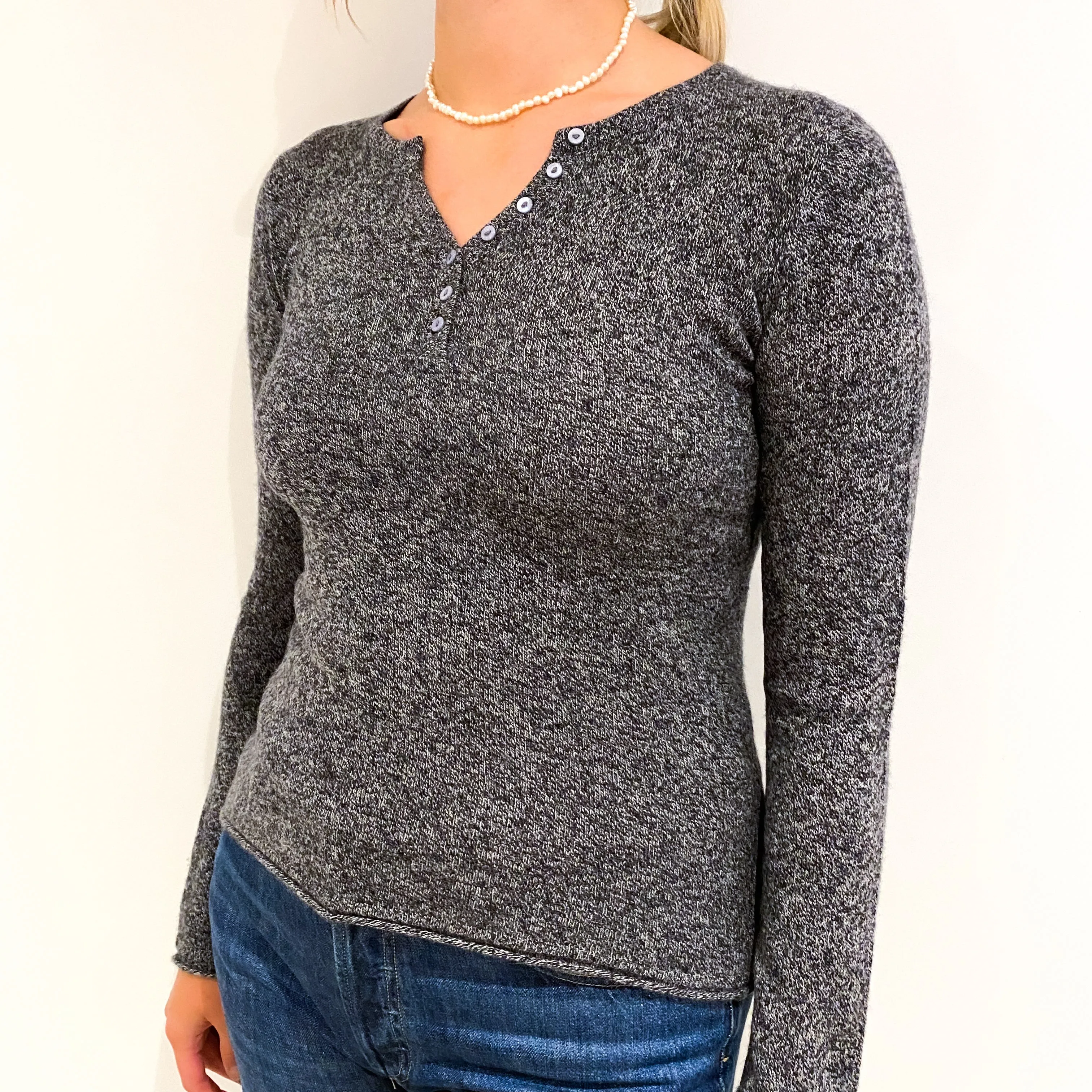 Slate Grey Marl Cashmere 1/4 Button V Neck Jumper Small