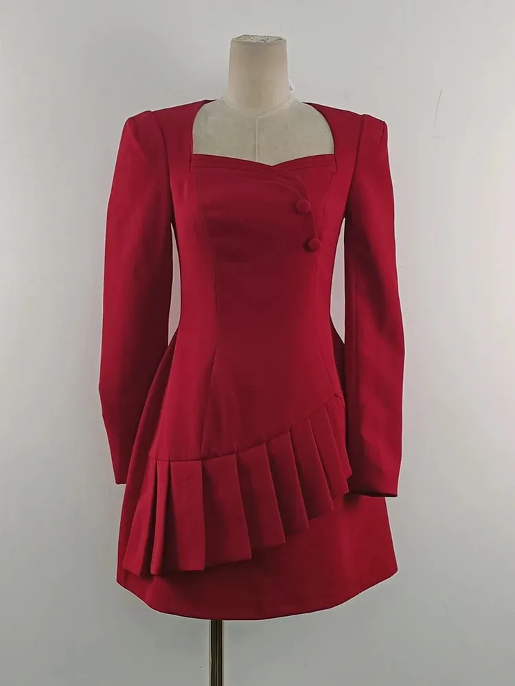 Solid Spliced Button Elegant Mini Dresses For Women Square Collar Long Sleeve High Waist Temperament Dress Female