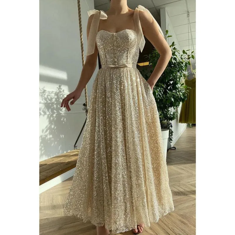 Spaghetti Straps Sweetheart Sequined Prom Dress Glitter