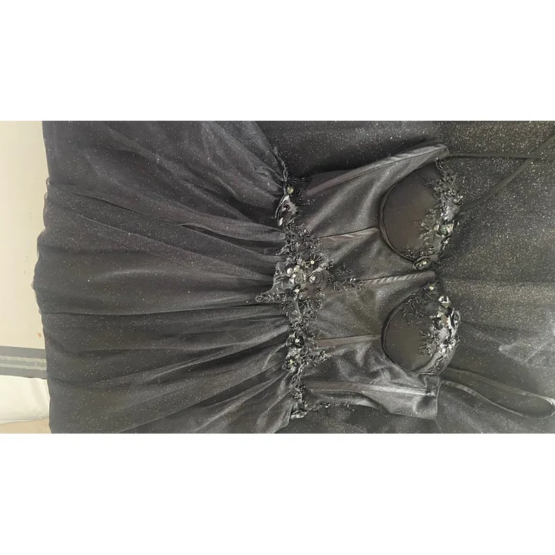 Spaghetti Straps Tulle Appliques Long Prom Dress with Slit