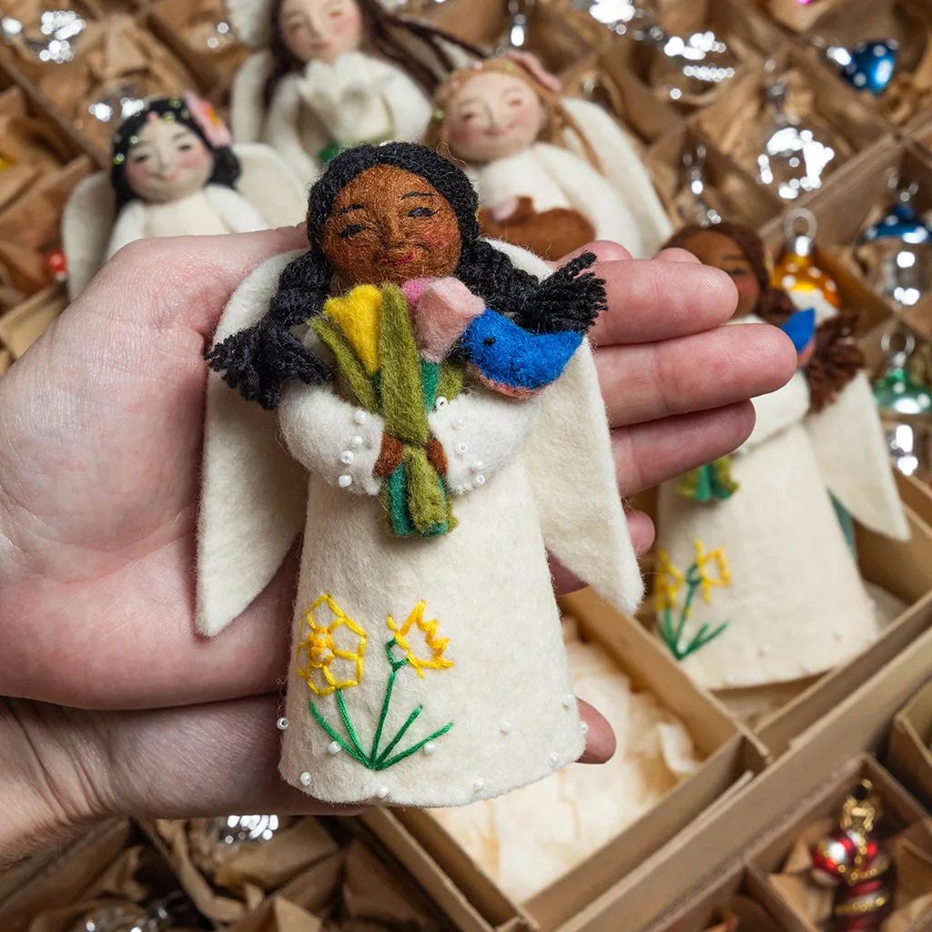 Spring Angel with Bluebird - Brown with Black Hair
