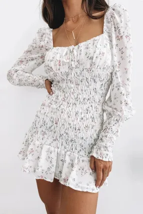 Square Neck Floral Smocked Ruffled Chiffon Dress