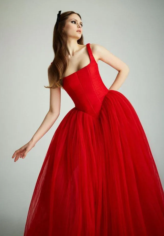 Square Neckline Red Tulle Prom Dress
