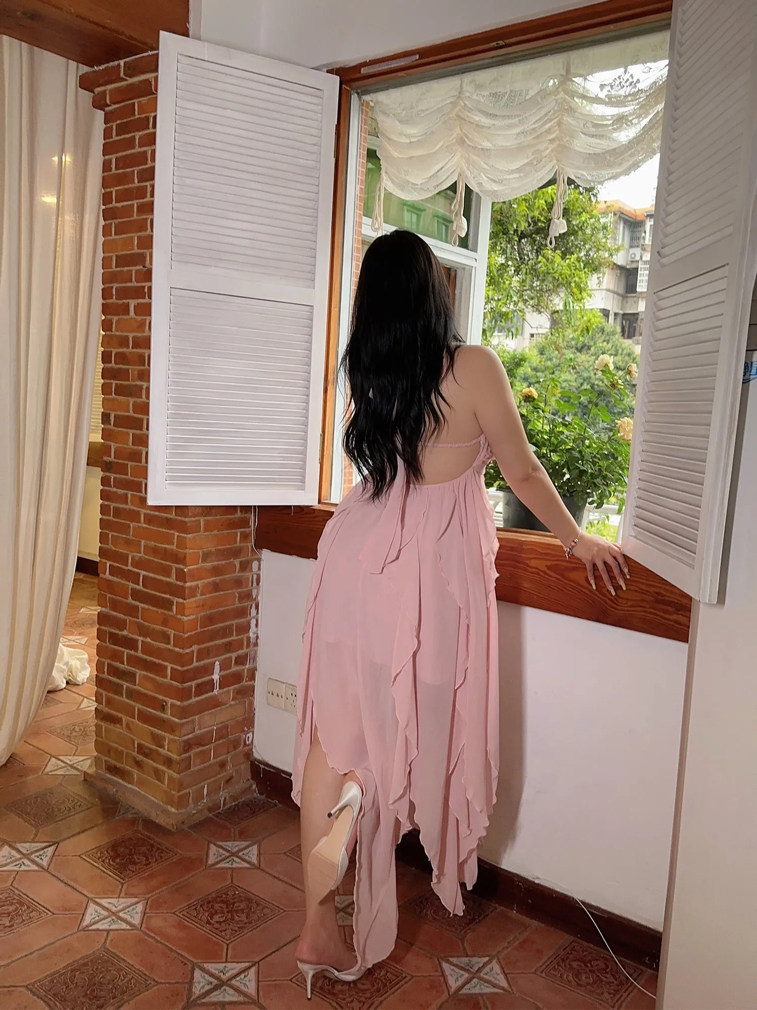 Star Light Brooch Solid Color Baby Pink Layered Halter Long Dress
