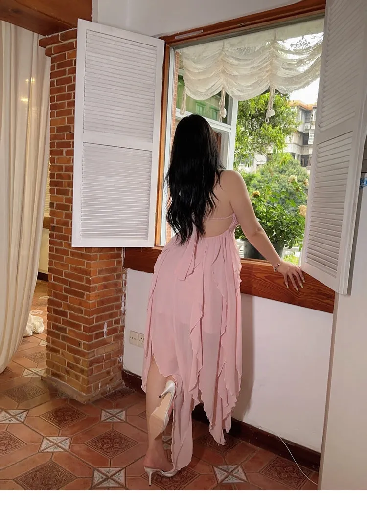 Star Light Brooch Solid Color Baby Pink Layered Halter Long Dress