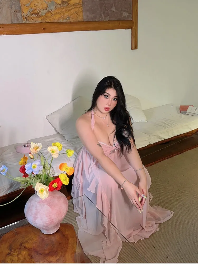 Star Light Brooch Solid Color Baby Pink Layered Halter Long Dress