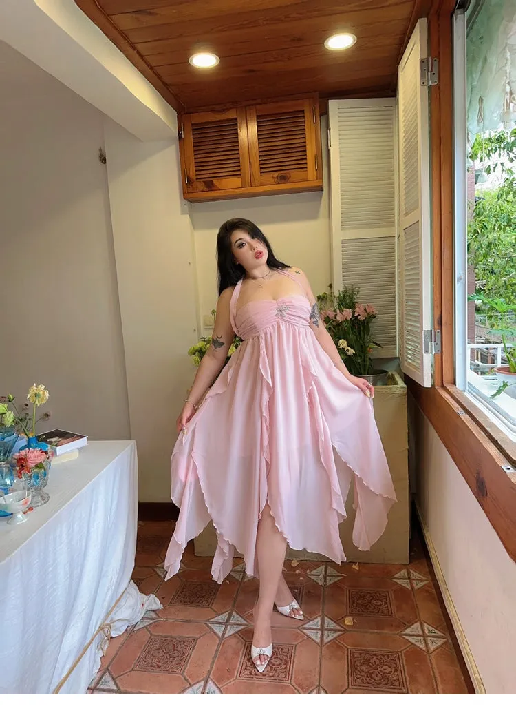 Star Light Brooch Solid Color Baby Pink Layered Halter Long Dress
