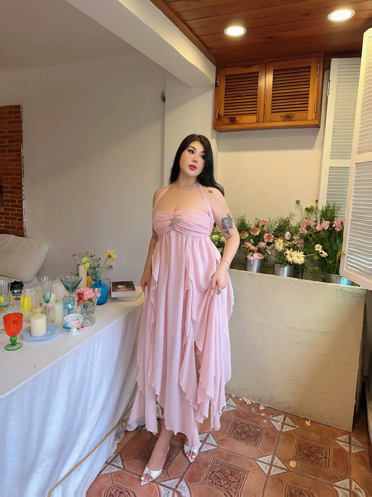 Star Light Brooch Solid Color Baby Pink Layered Halter Long Dress