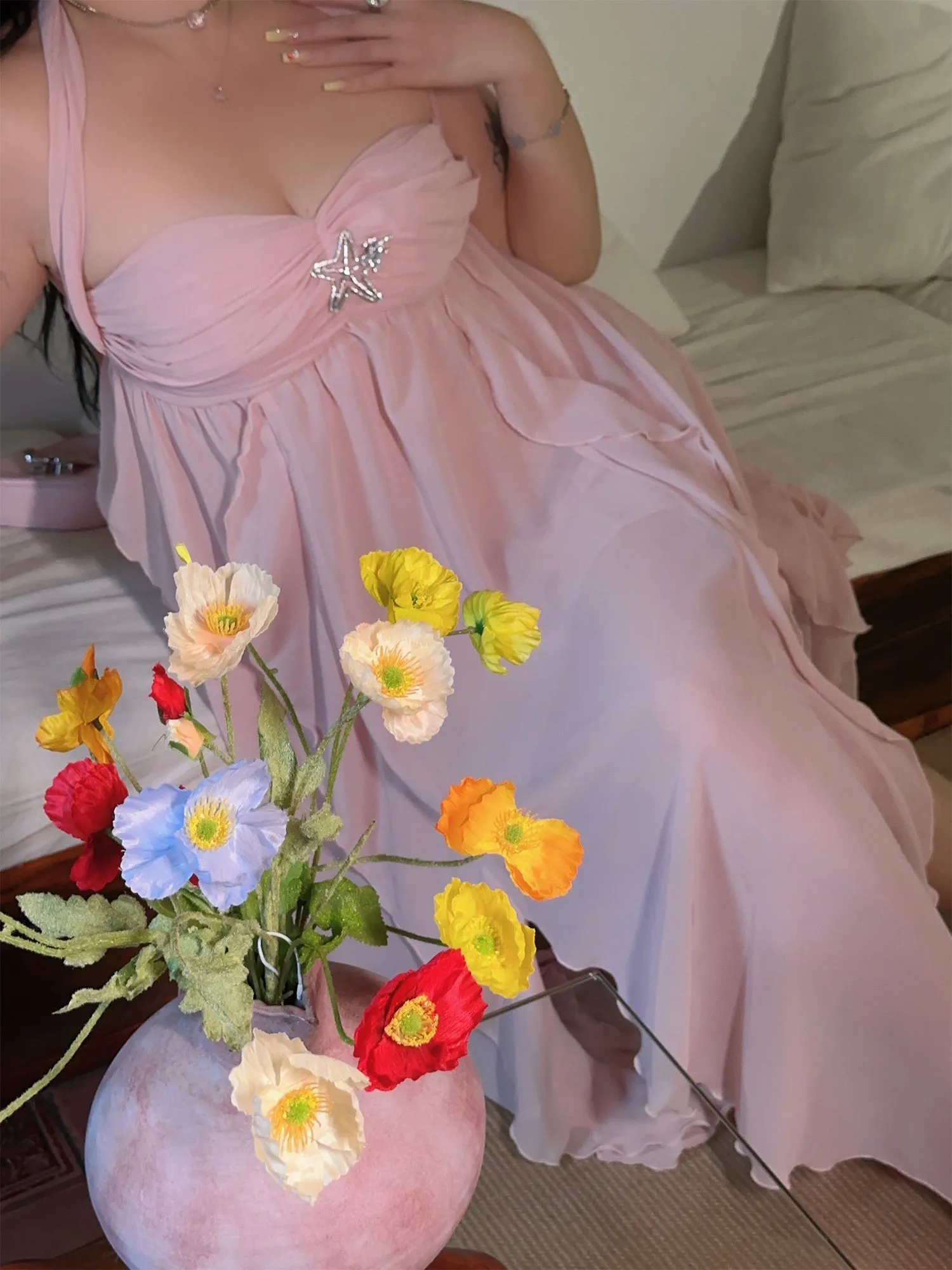 Star Light Brooch Solid Color Baby Pink Layered Halter Long Dress