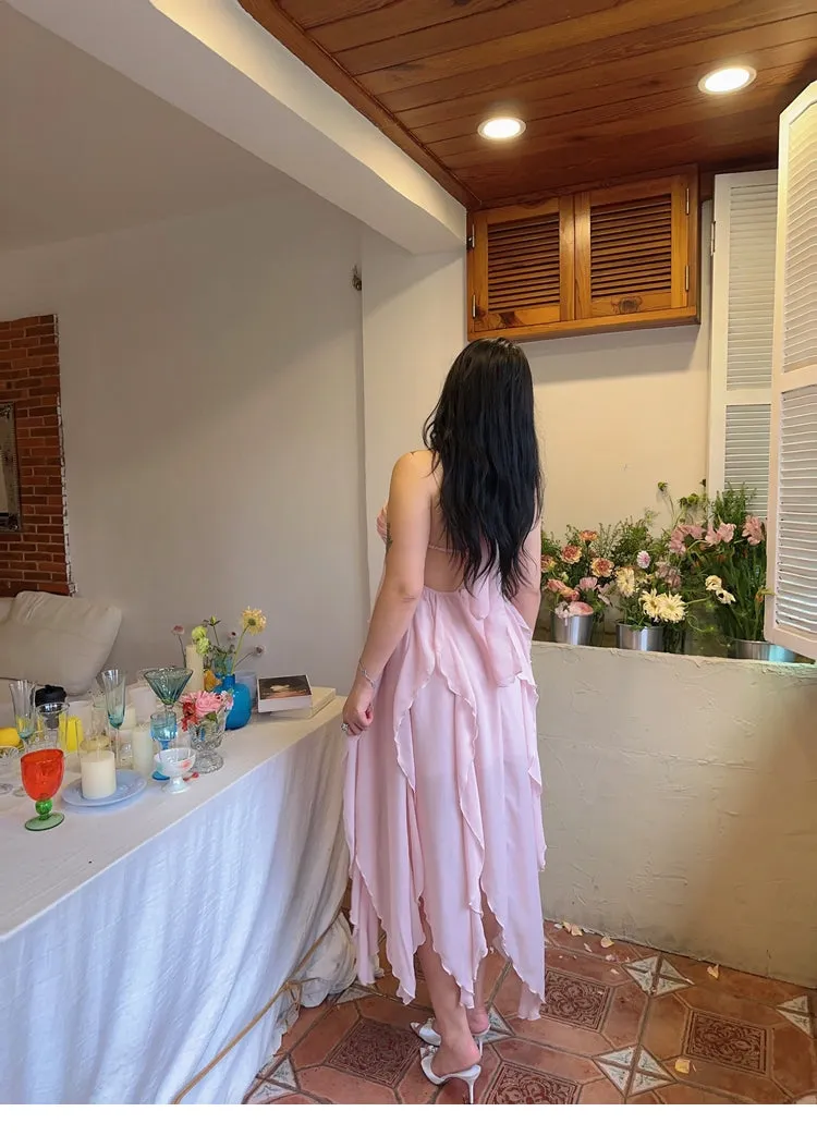 Star Light Brooch Solid Color Baby Pink Layered Halter Long Dress