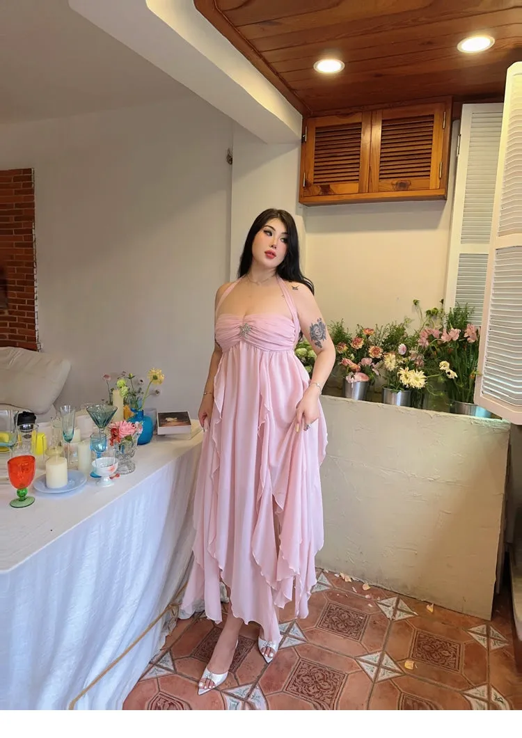 Star Light Brooch Solid Color Baby Pink Layered Halter Long Dress