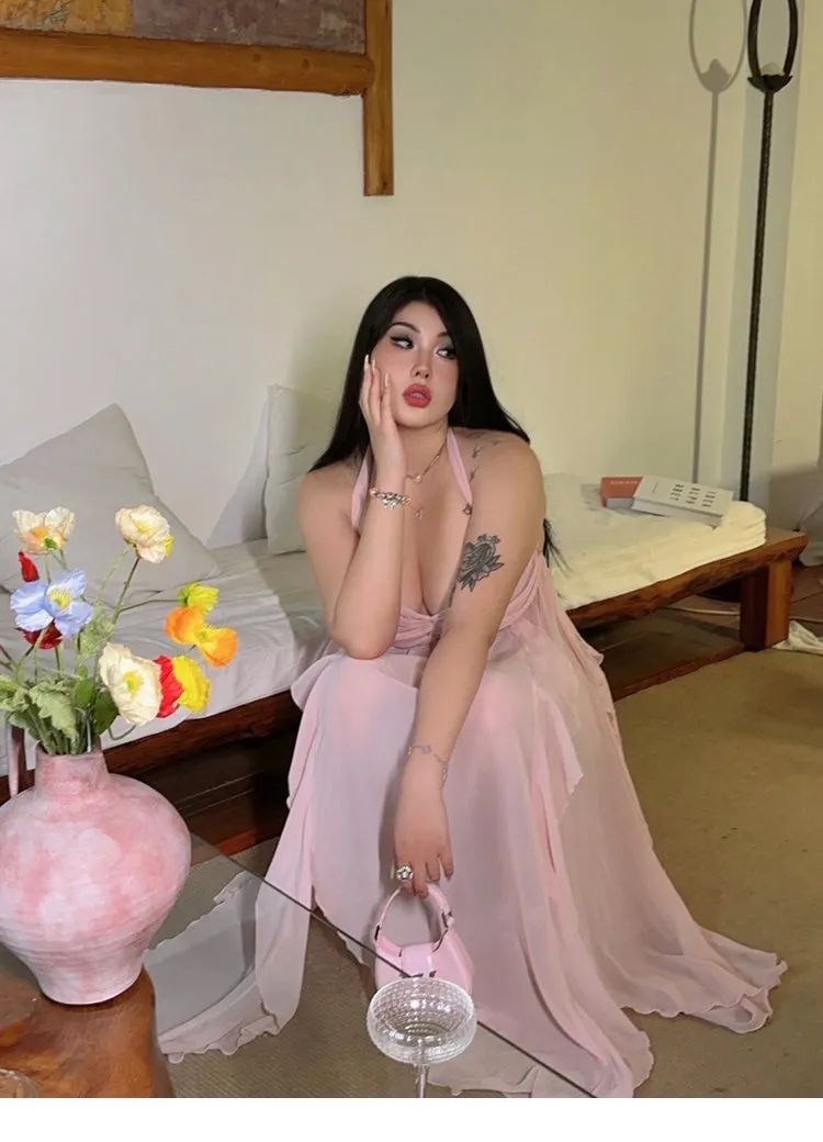 Star Light Brooch Solid Color Baby Pink Layered Halter Long Dress