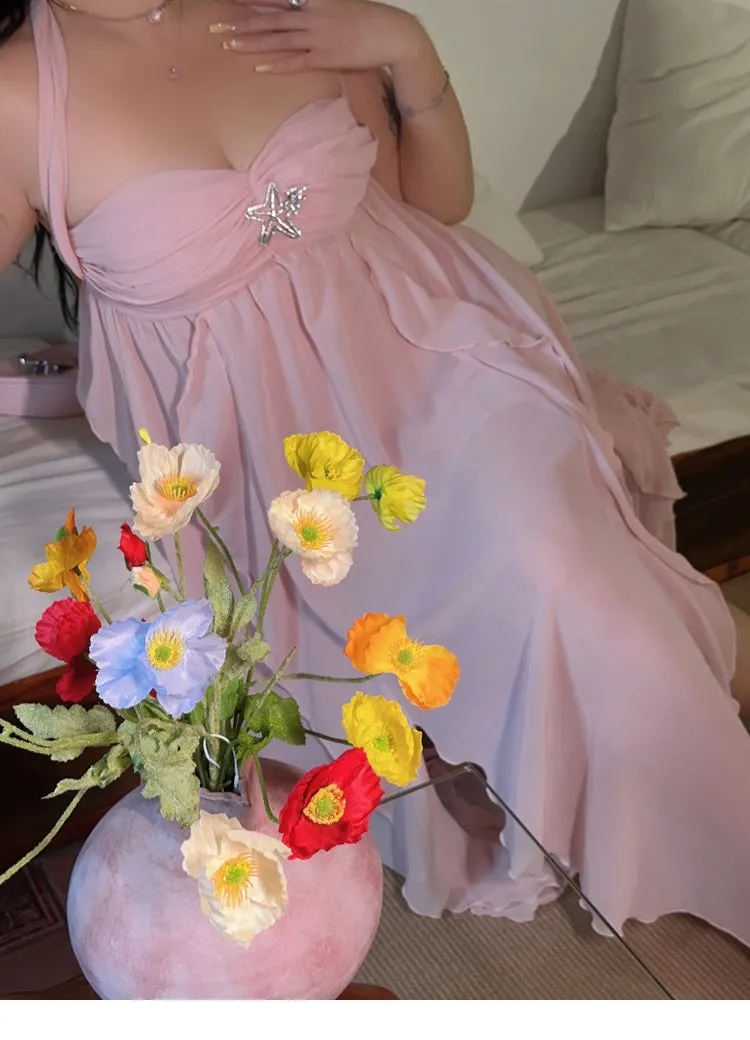 Star Light Brooch Solid Color Baby Pink Layered Halter Long Dress