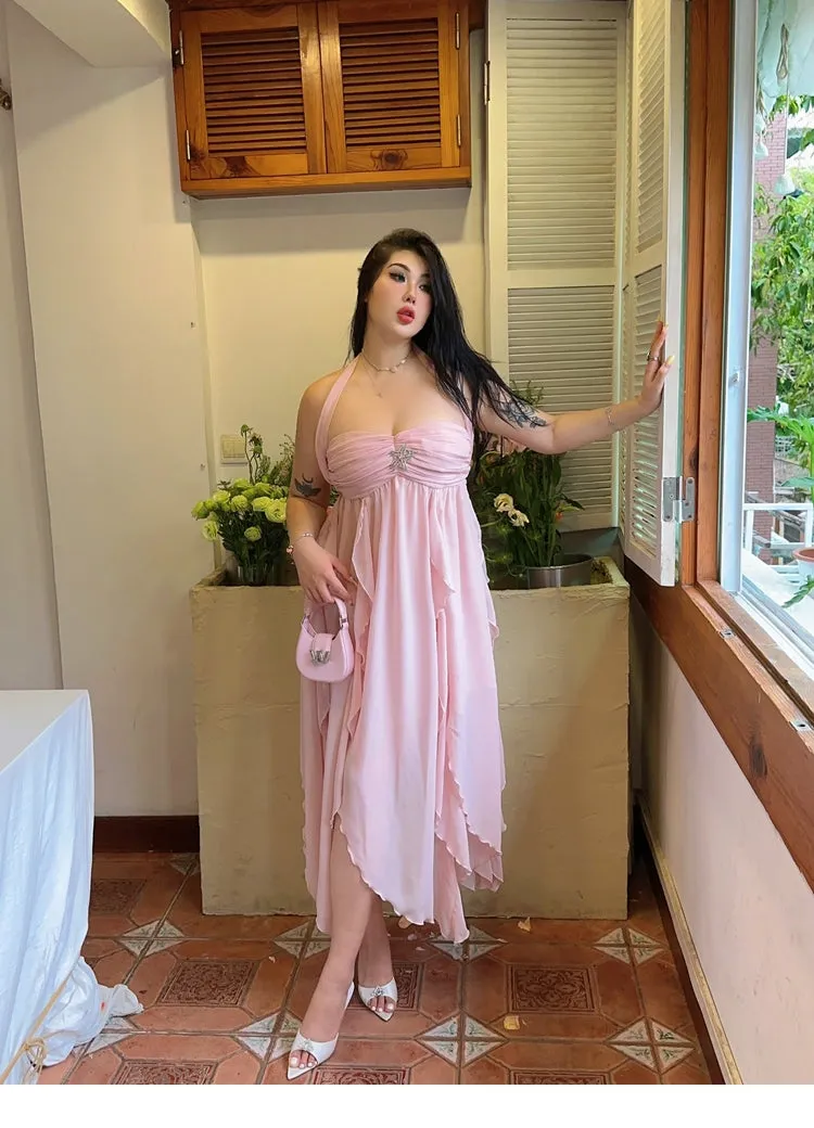 Star Light Brooch Solid Color Baby Pink Layered Halter Long Dress