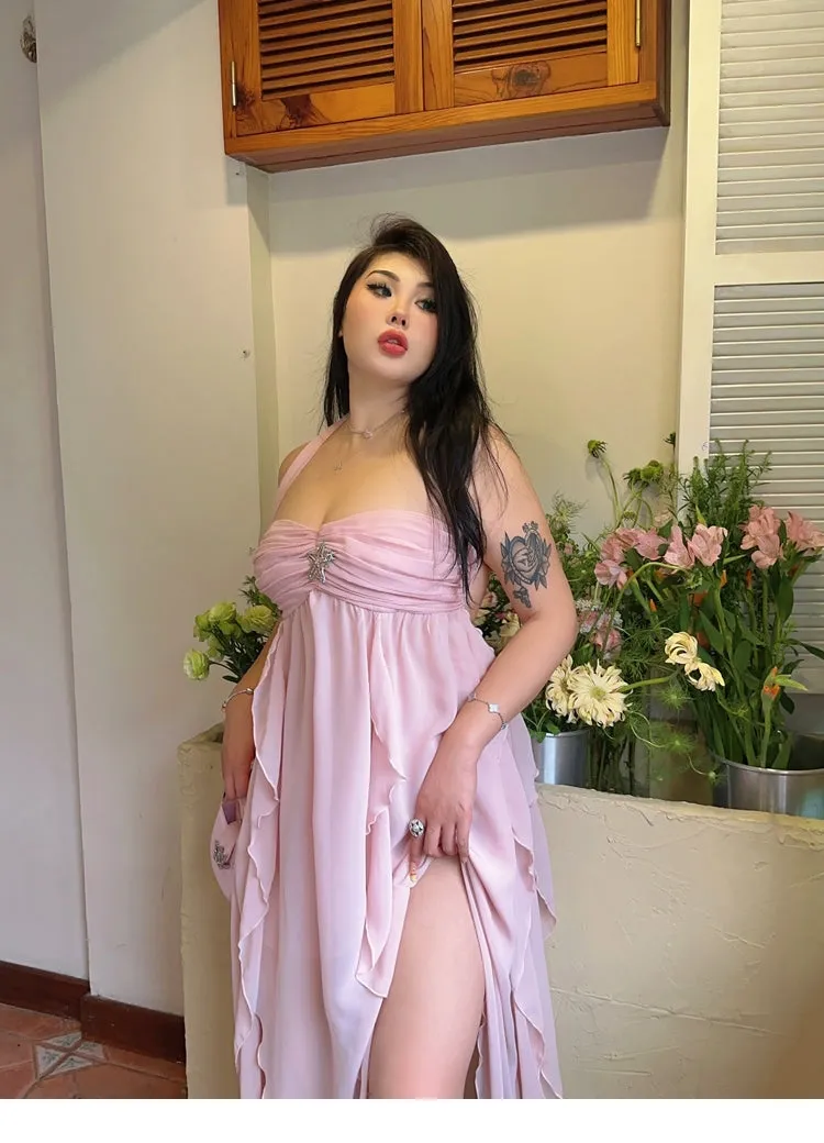 Star Light Brooch Solid Color Baby Pink Layered Halter Long Dress