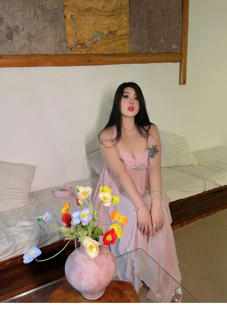 Star Light Brooch Solid Color Baby Pink Layered Halter Long Dress
