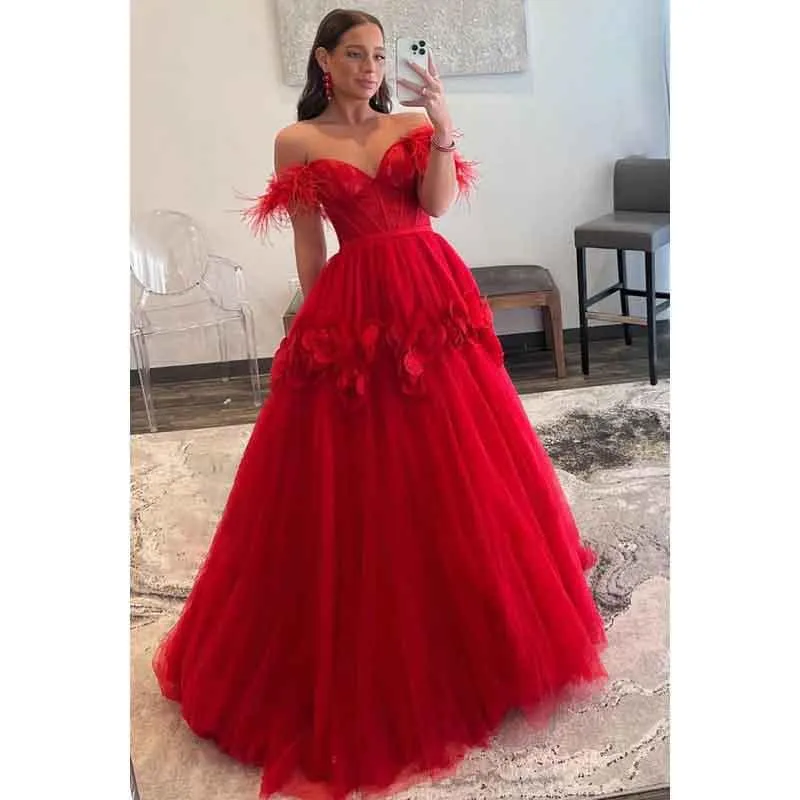 Sweetheart Off-Shoulder Lace Tulle Long Prom Dress With Feathers