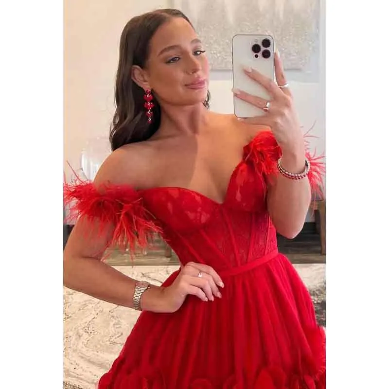 Sweetheart Off-Shoulder Lace Tulle Long Prom Dress With Feathers