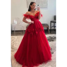 Sweetheart Off-Shoulder Lace Tulle Long Prom Dress With Feathers
