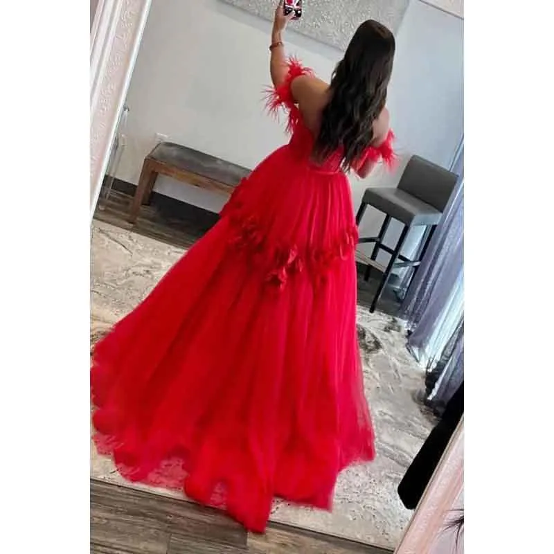 Sweetheart Off-Shoulder Lace Tulle Long Prom Dress With Feathers
