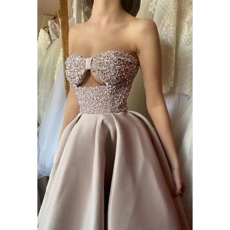 Sweetheart Sleeveless Sequined Ruched Satin A-Line Long Evening Dress